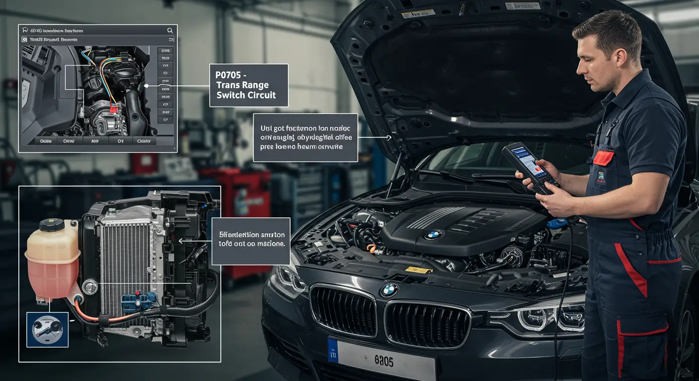 Instrument tabla automobila prikazuje upozorenje za grešku P0705, ukazujući na problem sa Trans Range Switch Circuit. Pored toga, vidi se menjač sa označenim pozicijama brzina.