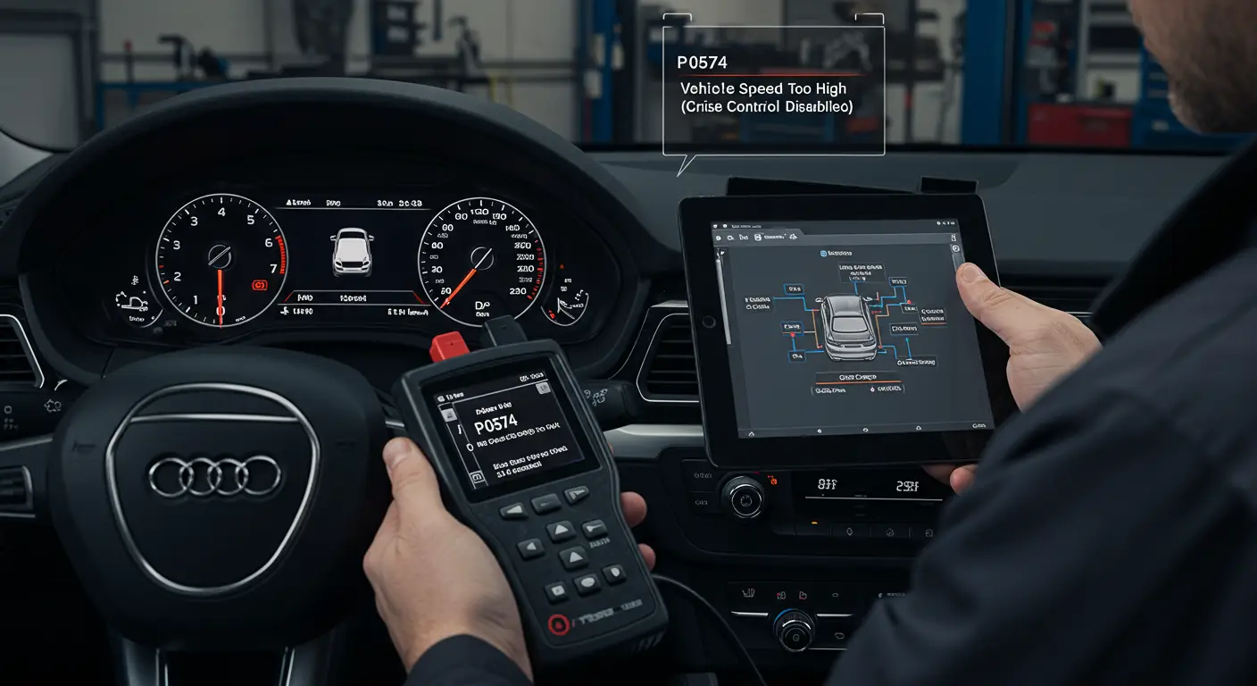 Instrument tabla automobila sa upaljenim lampicama upozorenja i digitalnim prikazom poruke o deaktiviranoj tempomatu zbog prekoračenja brzine preko 110 mph.