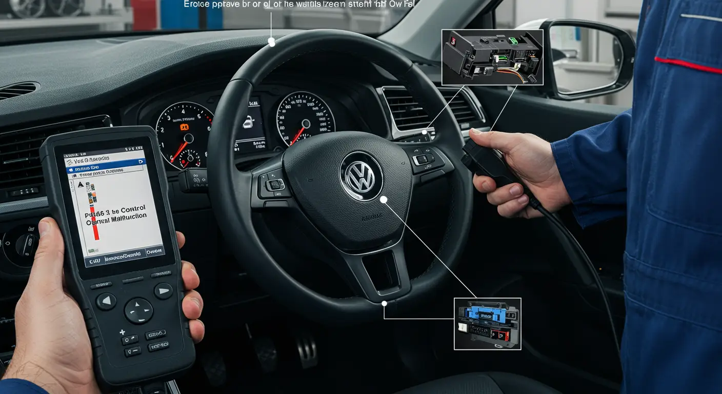 Instrument tabla automobila sa upaljenom lampicom upozorenja i prikazom greške P0566 vezane za isključenje tempomata.
Automobilski volan sa komandama tempomata, fokus na prikaz greške P0566 na ekranu.