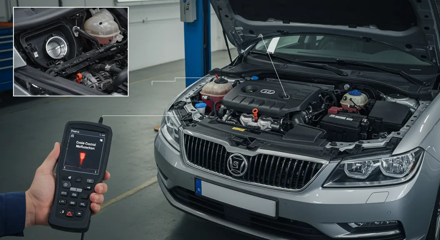 Instrument tabla automobila sa upaljenom lampicom za grešku i prikazom koda P0575, koji ukazuje na kvar u sistemu tempomata. Na ekranu se vidi upozorenje o neispravnosti tempomata.