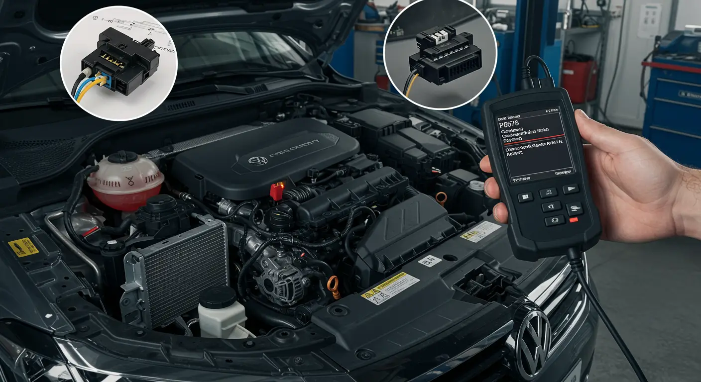 Instrument tabla automobila sa upaljenom lampicom za grešku, prikazujući kod P0573 koji se odnosi na visok napon u krugu prekidača tempomata ili kočnice.