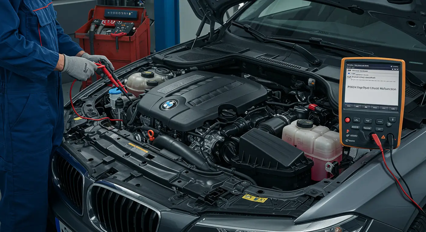 Instrument tabla automobila sa upaljenom lampicom za proveru motora i digitalnim očitavanjem broja obrtaja, ilustrujući grešku P0654 - kvar u izlaznom krugu signala broja obrtaja motora.