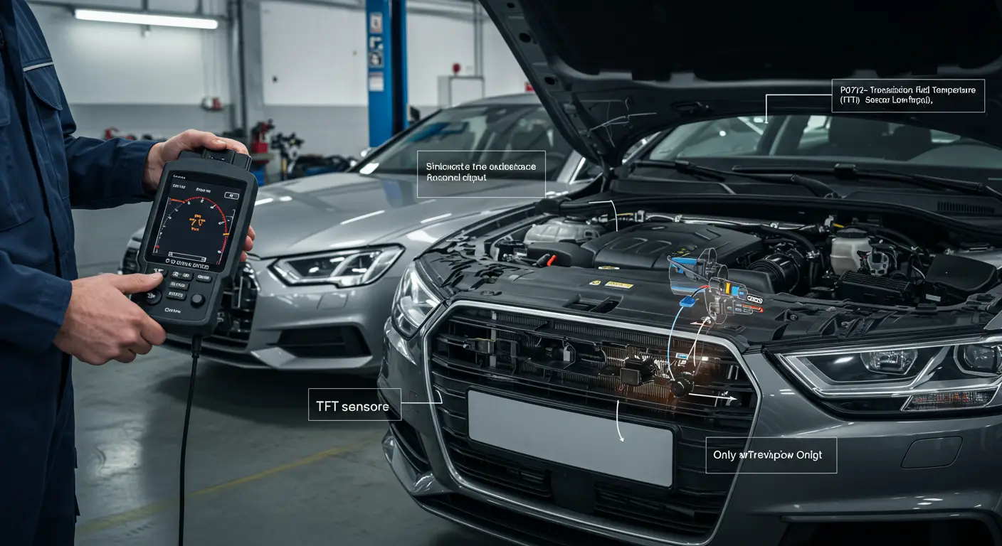 Instrument tabla automobila sa upaljenom lampicom za proveru motora i digitalnim prikazom greške P0712 vezane za senzor temperature menjačkog ulja.