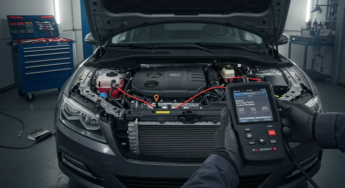 Instrument tabla automobila sa upaljenom lampicom za proveru motora i dijagnostičkim skenerom prikazuje grešku P0727 - nema signala iz kruga obrtaja motora.