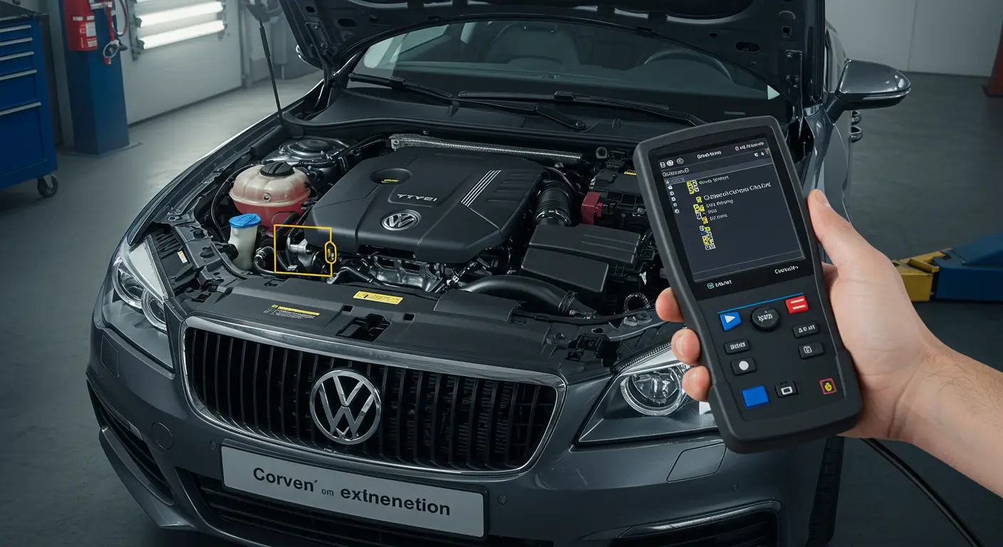 Instrument tabla automobila sa upaljenom lampicom za proveru motora i prikazom koda greške P0728 na ekranu.
Automobilski dijagnostički skener priključen ispod volana, prikazuje poruku: 