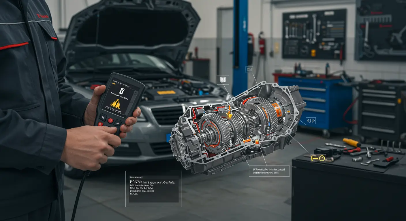 Instrument tabla automobila sa upaljenom lampicom za proveru motora i prikazom greške P0730 - Nepravilni odnos prenosa na dijagnostičkom ekranu.