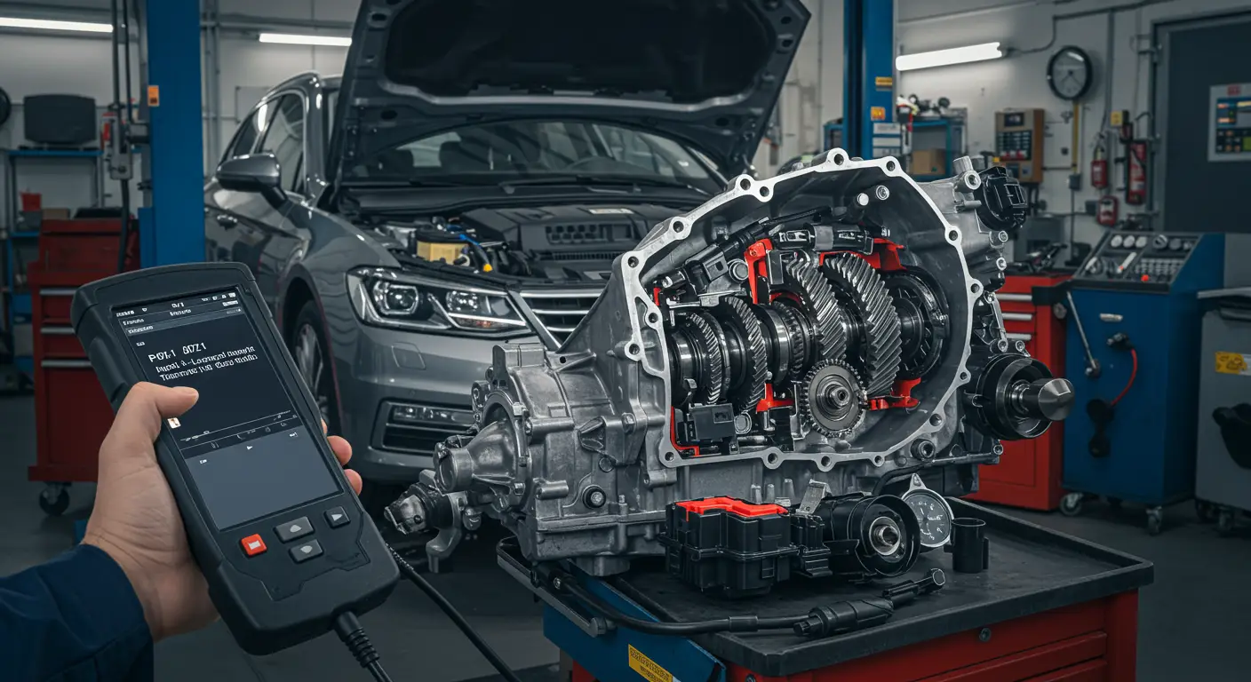 Instrument tabla automobila sa upaljenom lampicom za proveru motora i prikazom dijagnostičkog koda greške P0731 - Neispravan odnos prve brzine.