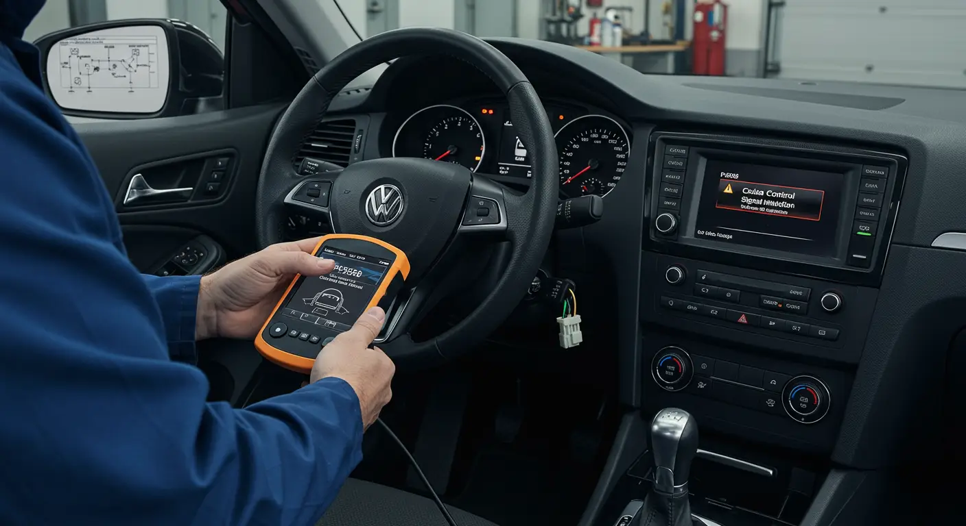 Instrument tabla automobila sa upaljenom lampicom za tempomat i prikazom koda greške P0568 na ekranu.