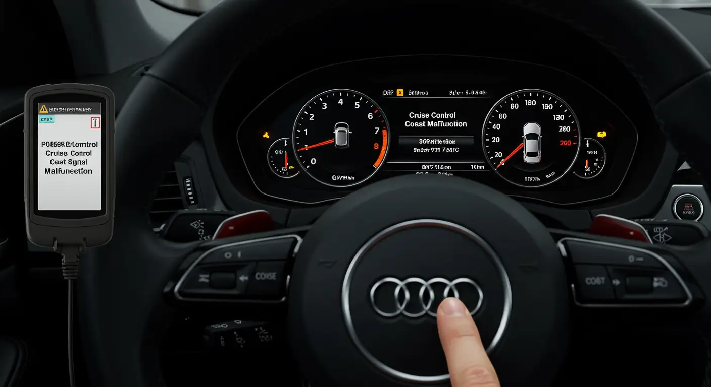 Kod greške P0569 označava kvar signala za smanjenje brzine (coast) tempomata, što može ukazivati na problem sa prekidačem, ožičenjem ili elektronskom kontrolnom jedinicom tempomata.