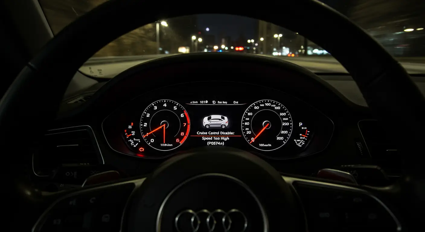 Kod P0574 označava da je brzina vozila premašila 110 mph, zbog čega je tempomat automatski isključen radi bezbednosti.