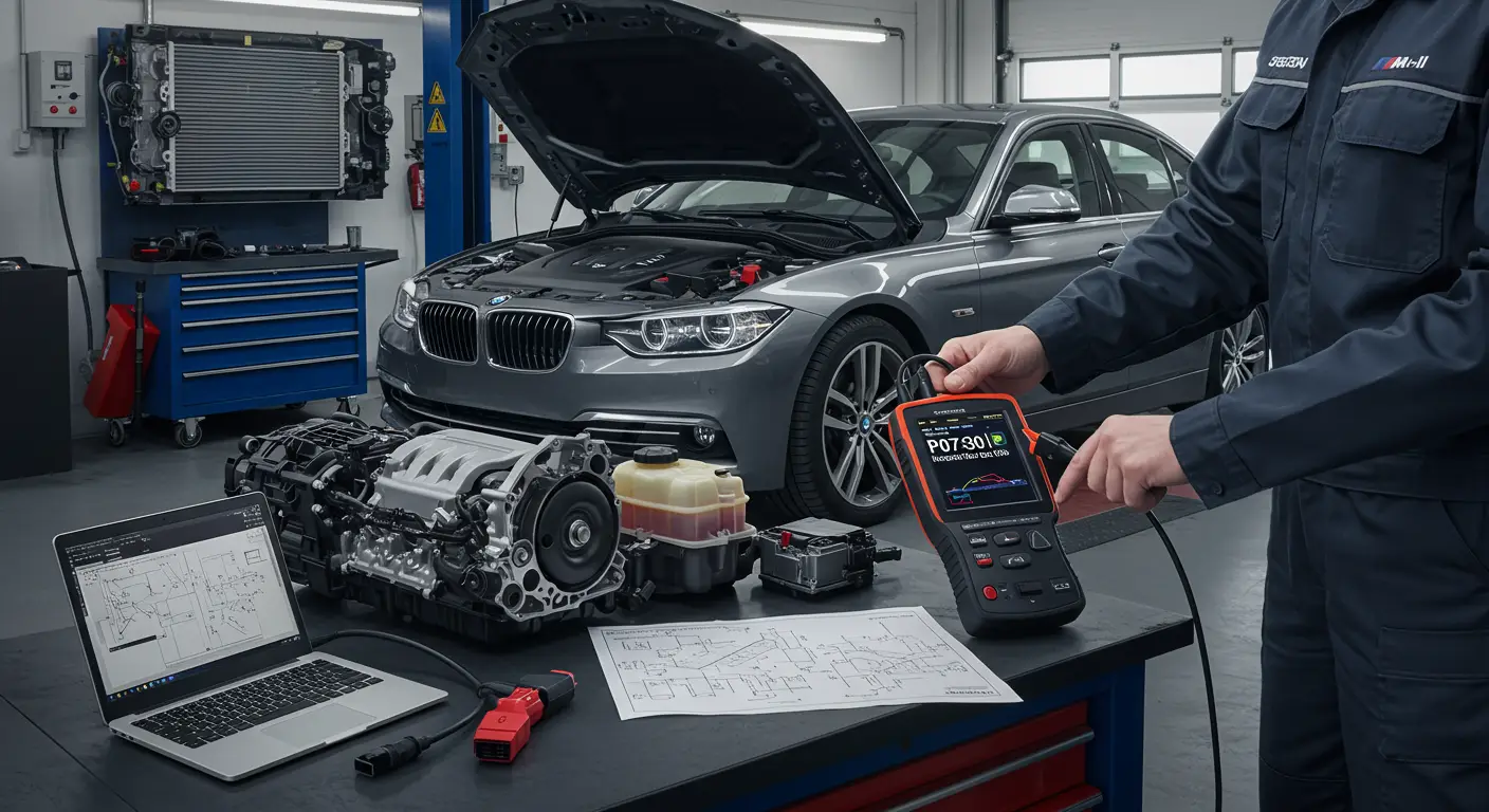 Na slici je prikazana kontrolna tabla automobila sa upaljenom lampicom za proveru motora i prikazom OBD-II koda greške P0730 - Neispravan odnos prenosa.