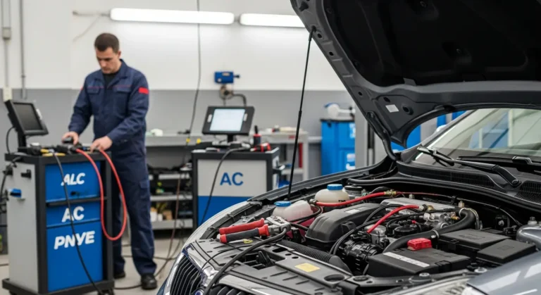 P0534 – Gubitak punjenja rashladnog sredstva klima uređaja Automobilski klima sistem sa prikazom gubitka rashladnog sredstva, P0534 kod greške, naglašena cev kroz koju curi freon.