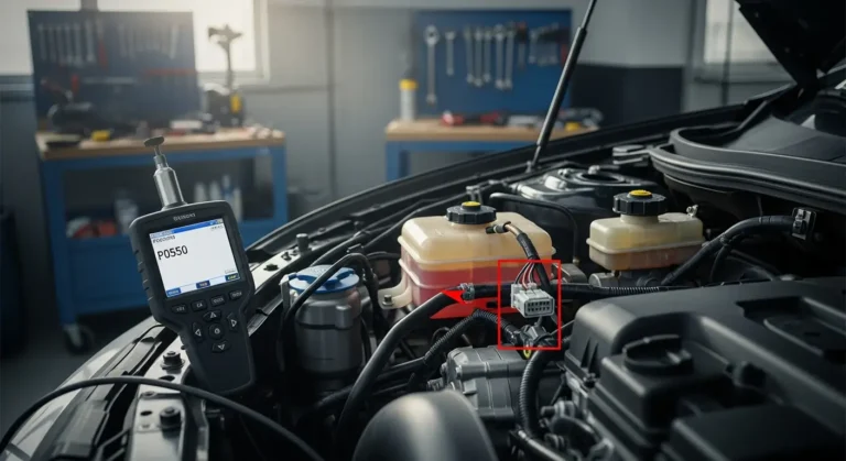 P0550 – Krug prekidača pritiska servo upravljača (PSP) Senzor pritiska servo volana, prikazano ožičenje i konektor, dijagnostika greške P0550 u automobilskom električnom sistemu.