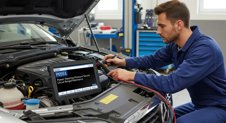 P0551 – Senzor pritiska servo upravljača, opseg/performance Senzor pritiska servo upravljača, električni konektor i žice, prikaz greške P0551 na ekranu dijagnostičkog uređaja, automobilski motor.