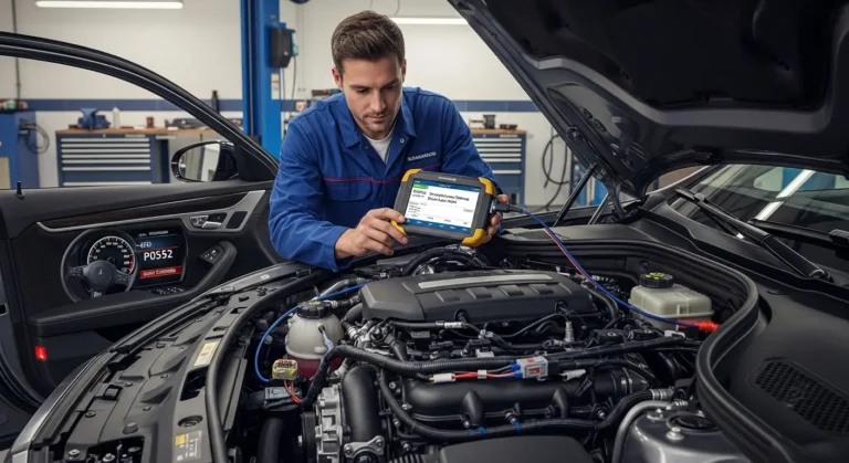 P0552 – Nizak ulaz u krugu senzora pritiska servo upravljača Senzor pritiska servo volana, prikazan sa niskim električnim signalom, ilustracija greške P0552 u automobilskoj elektronici.