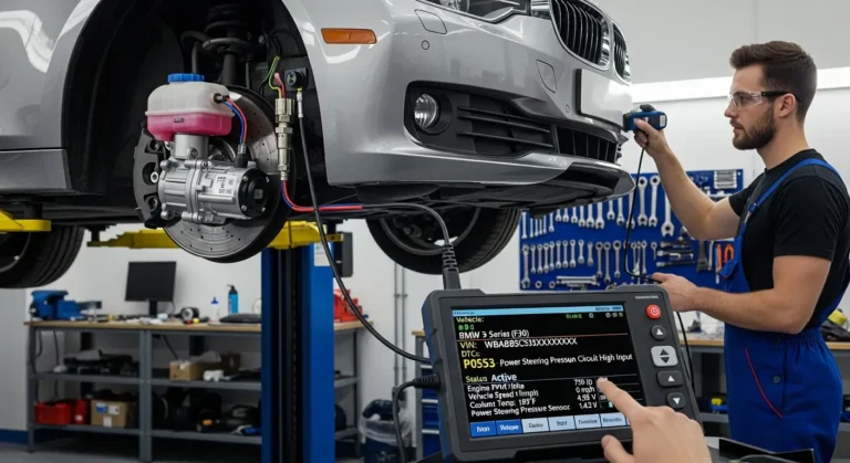 P0553 – Visok napon u krugu senzora pritiska servo upravljača Senzor pritiska servo upravljača, dijagnostički kod P0553, signal previsok, električni problemi u kolu, upozorenje na instrument tabli automobila.