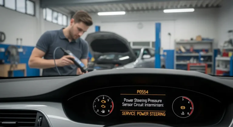 P0554 – Povremeni prekid u krugu senzora pritiska servo upravljača Senzor pritiska servo volana, dijagnostički kod P0554, prikazuje električne konektore i žice sa upozorenjem na povremeni prekid signala.