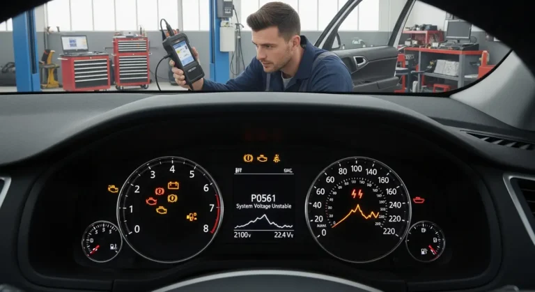 P0561 – Nestabilan napon sistema Nestabilan napon sistema u automobilu, instrument tabla prikazuje lampicu upozorenja, voltmetar pokazuje kolebanje napona, dijagnostika P0561 kod greške.