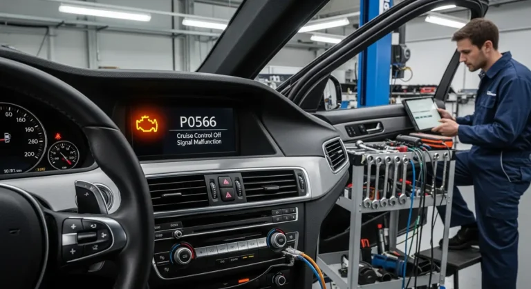 P0566 – Neispravnost signala isključenja tempomata Simbol tempomata sa prekriženom linijom na instrument tabli automobila, ukazuje na P0566 grešku, problem sa Cruise Control Off signalom.