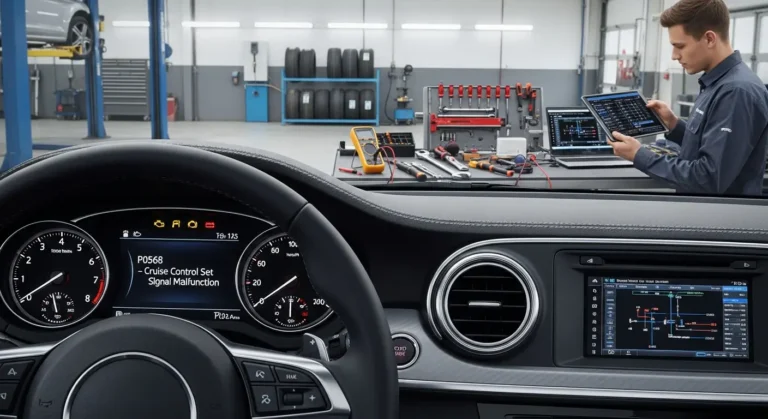 Automobilska instrument tabla sa upaljenim check engine svetlom, prikaz greške P0568 – neispravan signal cruise control set komande.