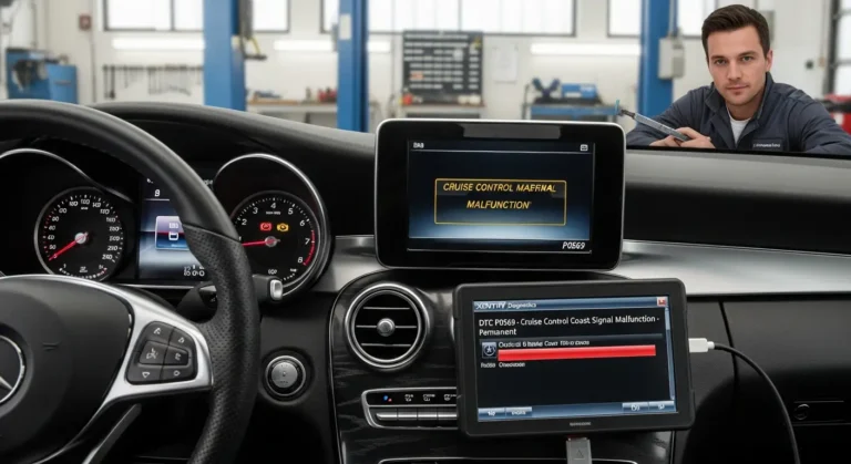 P0569 – Neispravnost signala smanjenja brzine tempomata Automobilska instrument tabla prikazuje grešku P0569 – kvar signala za smanjenje brzine tempomata, upaljena lampica upozorenja na kontrolnoj tabli.