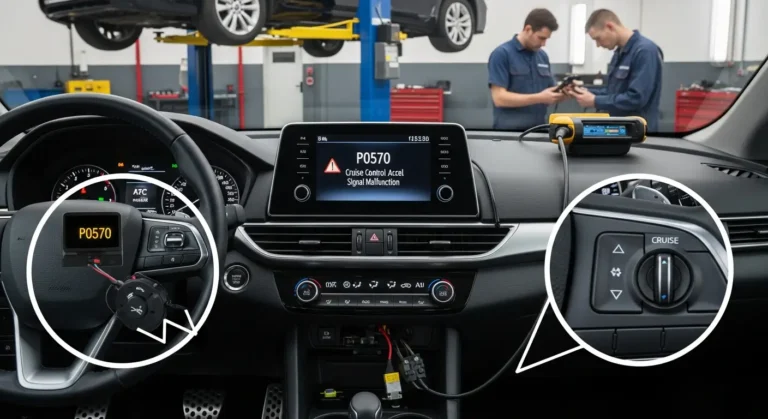 Automobil sa upaljenom check engine lampicom i prikazom P0570 greške: neispravan signal za ubrzanje tempomata, dijagnostika elektronskog sistema.