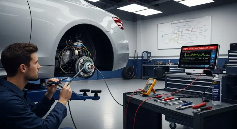 P0571 – Krug prekidača kočnice tempomata Automobilska instrument tabla sa upaljenom lampicom "check engine", prikazuje P0571 grešku prekidača kočnice kruzne kontrole, fokus na kontrolne lampice.