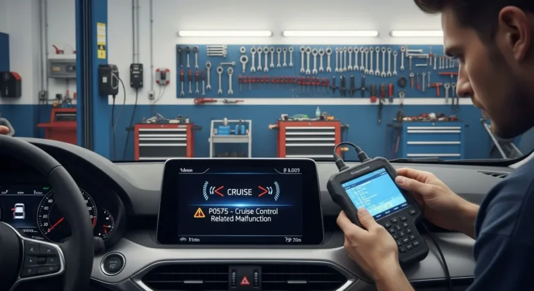 Automobil sa upaljenom lampicom za grešku, simbolizuje P0575 kvar sistema tempomata, naglašava problem sa elektronskom kontrolom brzine.