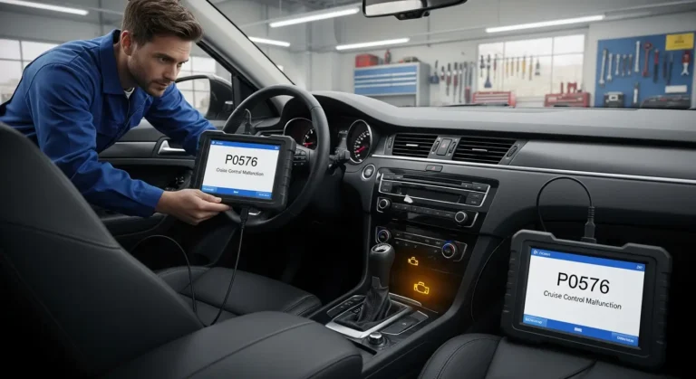 Automobil sa upaljenom check engine lampicom, simbol tempomata na instrument tabli, označava P0576 grešku – kvar sistema tempomata.