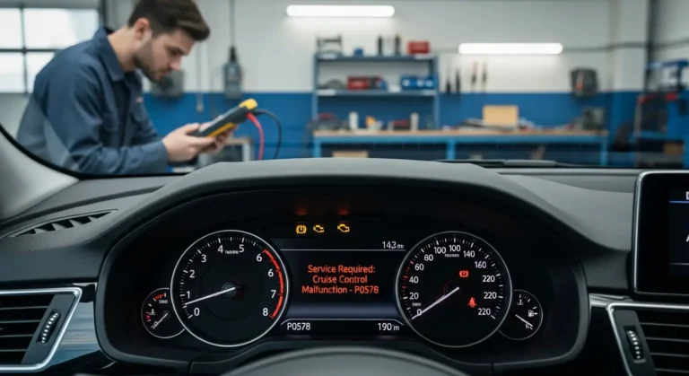 P0578 – Neispravnost vezana za tempomat Automobil na instrument tabli prikazuje lampicu za grešku tempomata, dok vozač vozi na autoputu, simbolizujući P0578 kvar tempomata.