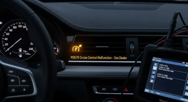 Automobil sa upaljenom lampicom check engine i simbolom tempomata, ilustracija P0579 greške povezane sa problemom tempomata u vozilu.