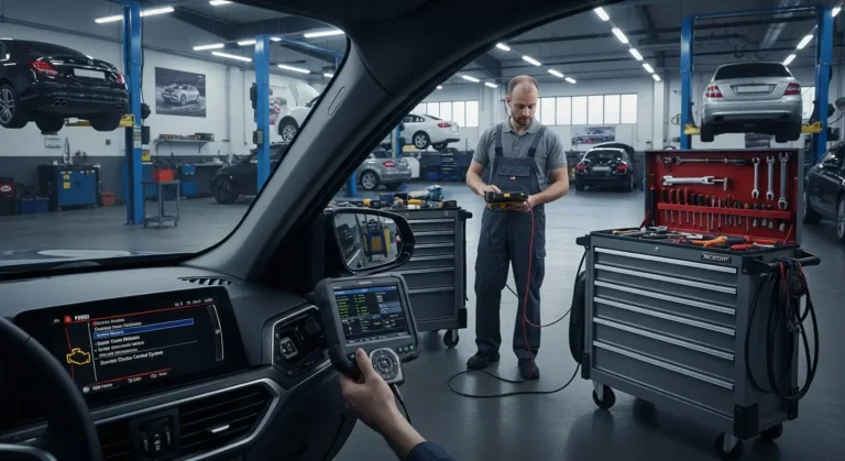 Automobil sa upaljenom check engine lampicom, istaknut simbol tempomata i dijagnostički skener prikazuje grešku P0580 - kvar tempomata.