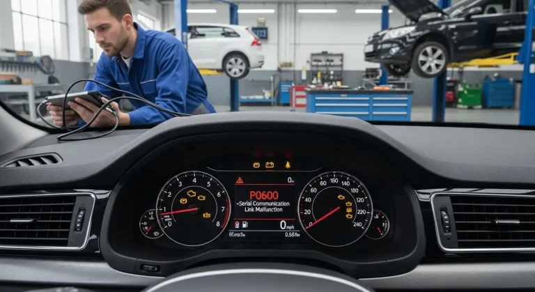 P0600 – Neispravnost serijske komunikacione veze Automobilska instrument tabla sa upaljenom lampicom za grešku i prikazom koda P0600 - kvar u serijskoj komunikacionoj vezi.