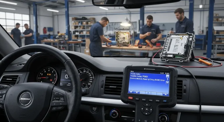 Automobilski ECU modul sa prikazom greške P0601 – problem sa ROM memorijom, dijagnostički skener povezan na OBD2 port, upozorenje na ekranu.