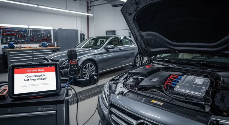 Kontrolni modul vozila sa greškom P0602, prikazuje upozorenje "Modul nije programiran" na ekranu dijagnostičkog uređaja automobila.