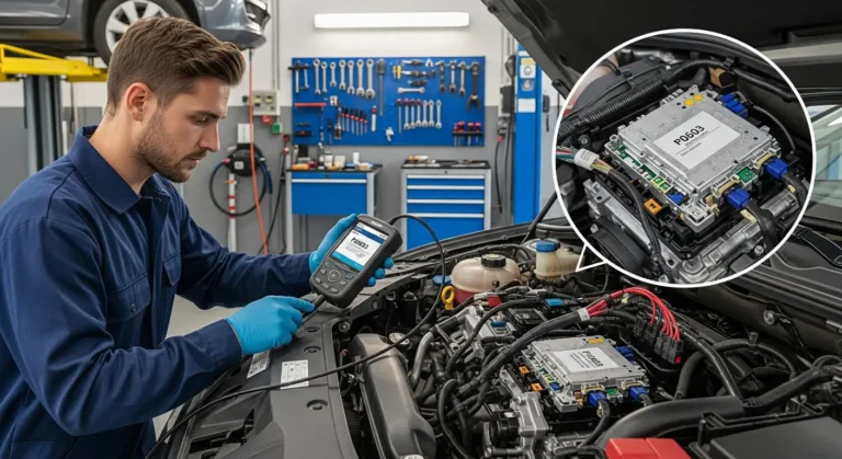 Automobilski ECU sa prikazom greške P0603, reset memorije, upozorenje na kontrolnoj tabli, dijagnostički alat priključen na OBD2 port.