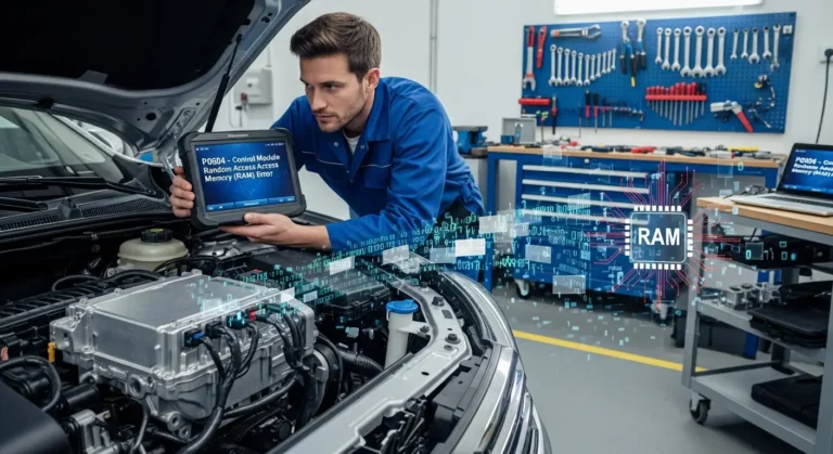 P0604 – Memorija sa slučajnim pristupom (RAM) upravljačkog modula Kontrolni modul automobila, prikaz greške P0604 RAM memorije, upaljena lampica motora, dijagnostički uređaj prikazuje kod greške na ekranu.
