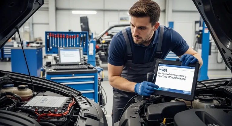 P0605 – Programabilna memorija za čitanje (ROM) kontrolnog modula Kontrolni modul automobila, prikaz P0605 greške, problem sa ROM memorijom, dijagnostički skener prikazuje grešku u elektronskoj jedinici vozila.