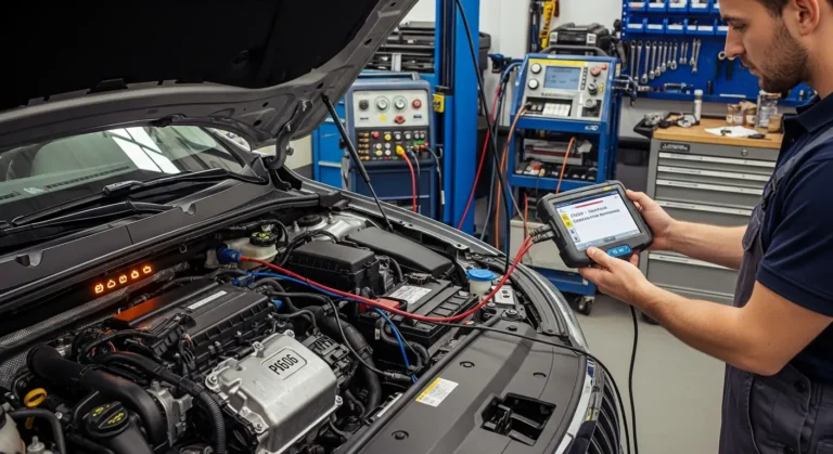 Automobilski ECU sa greškom P0606, prikazan dijagnostički alat koji očitava kvar unutrašnjih performansi kontrolnog modula.