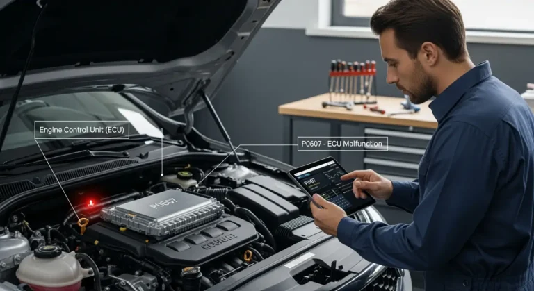 P0607 – Neispravnost ECU-a ECU greška P0607, prikazana kontrolna tabla sa upaljenom lampicom motora i dijagnostičkim uređajem povezaným na automobil.