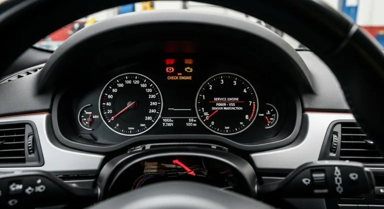 P0609 – Neispravnost izlaza VSS kontrolnog modula „B“ Automobilski instrument tabla sa upaljenom lampicom motora, dijagnostički skener prikazuje grešku P0609 - kvar izlaza VSS kontrolnog modula.