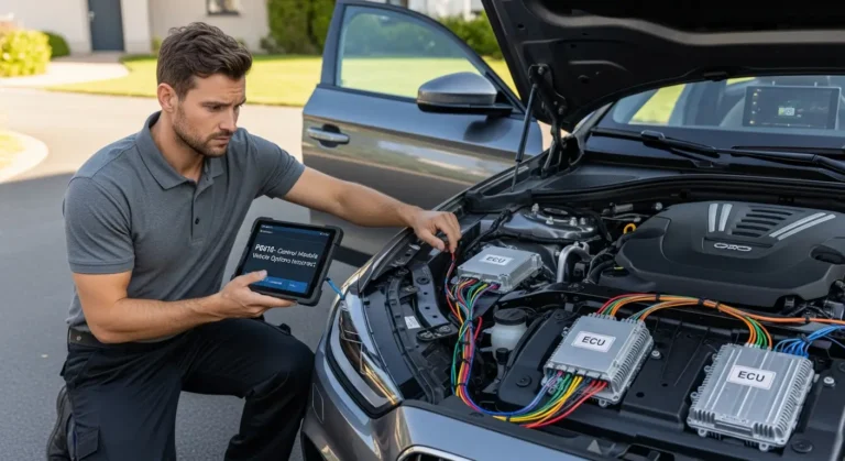 P0610 – Neispravne opcije vozila u kontrolnom modulu Pogrešna konfiguracija opcija vozila u ECU-u, kod greške P0610, kontrolna tabla sa upozorenjem u automobilu.