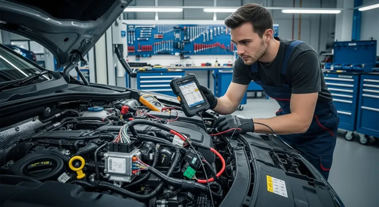 P0615 – Krug kontrole releja startera Šema automobila sa označenim starter relejem i prikazom P0615 greške u električnom kolu za kontrolu starter releja.