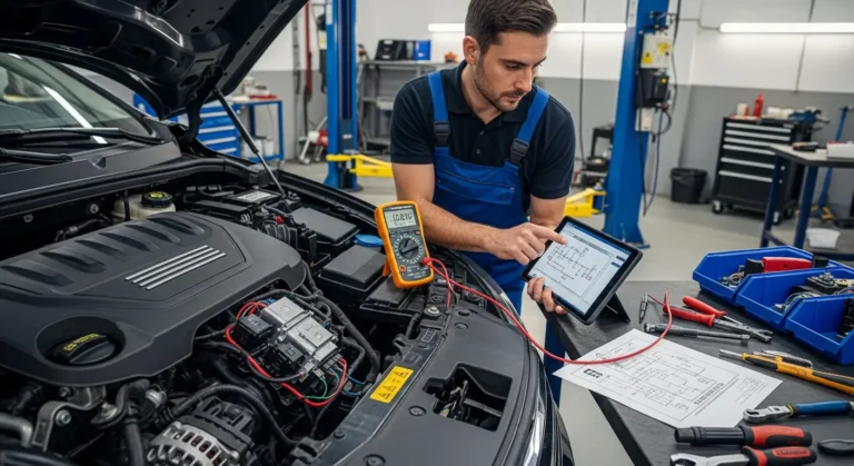 Automobilska šema sa označenim P0616 kodom, niskim naponom na starter relej kontrolnom kolu, istaknuti električni spojevi i relej.