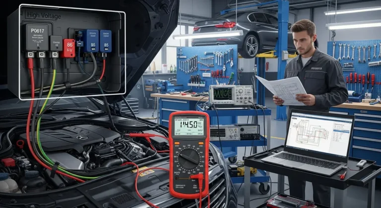 Električni dijagram automobila prikazuje visoki napon u starter relejnoj kontrolnoj kolu, greška P0617, fokus na relej i žice.