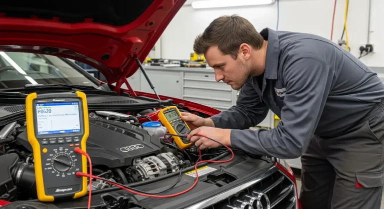 P0620 – Neispravnost kola upravljanja generatorom Automobilska instrument tabla sa upaljenom lampicom akumulatora, prikazuje grešku P0620 - kvar u kolu za upravljanje alternatora.