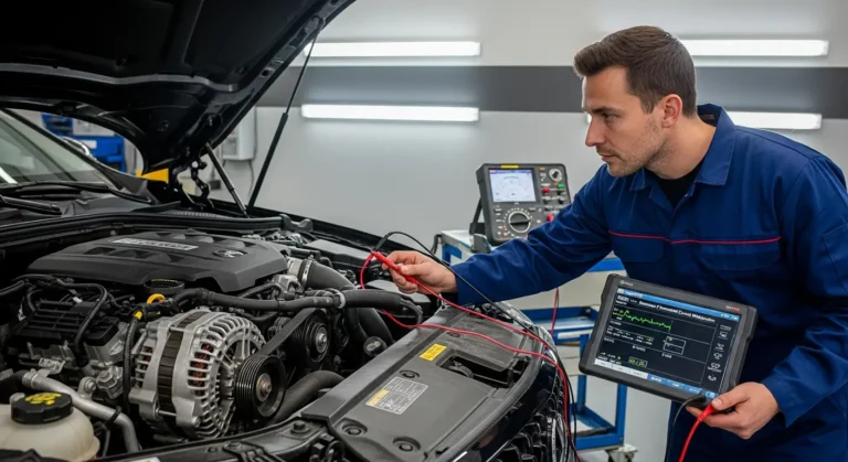 Greška P0622 – dijagnostički prikaz F-terminalne žice alternatora, priključenih na ECU, sa istaknutim tačkama oštećenja u automobilskom motoru.