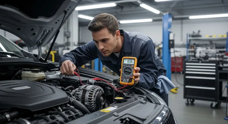 Automobilski alternator sa označenim F-terminalom i prikazom niskog napona na dijagramu, u vezi sa OBD2 kodom greške P0625.