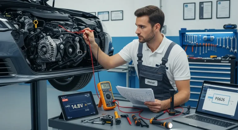 P0626 – Visoki napon na F-terminalu generatora Automobil sa upaljenom lampicom alternatora na tabli, prikazuje P0626 grešku – visok napon na F-terminalu generatora.