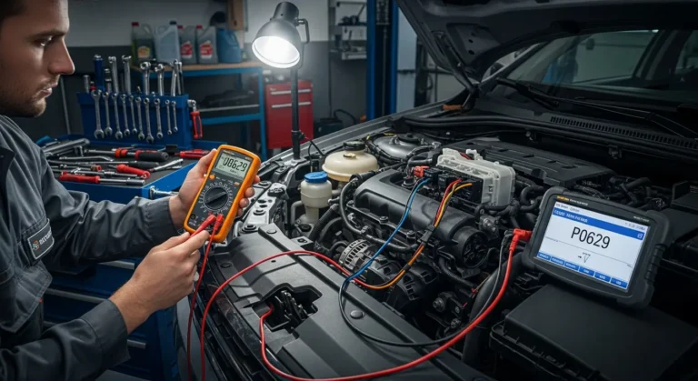 Dijagnostički prikaz automobila sa P0629 greškom: relej pumpe goriva, elektronska kontrolna jedinica, visoki napon, upozorenje na instrument tabli.